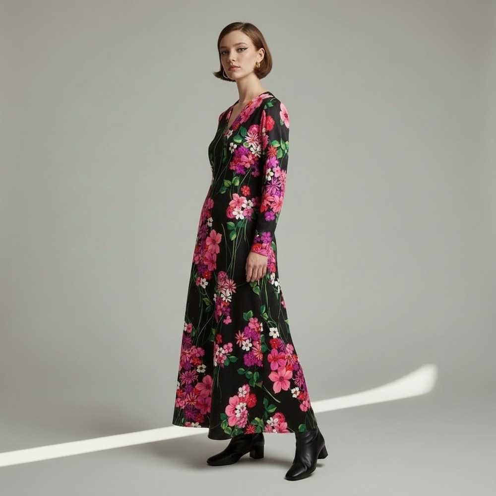 Vintage Floral Maxi Dress Women Medium Black Pink Excellent 70s Boho Retro